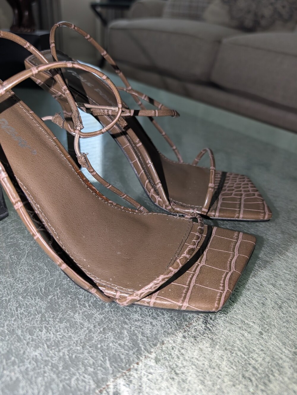 Brown Croc-Embossed Strappy Mid-Heel Sandal - Picture 2 of 7